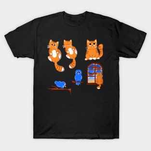 Ginger Cat and Blue Bird Stickers T-Shirt